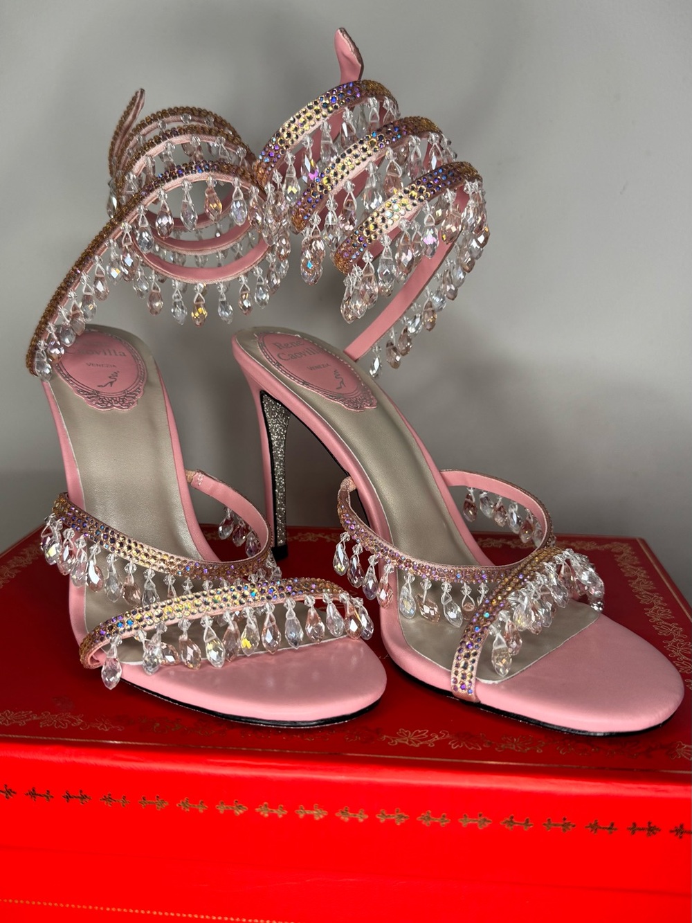 Rene Caovilla Pink Crystal Drop Spiral Ankle Stilettos - Picture 7 of 7
